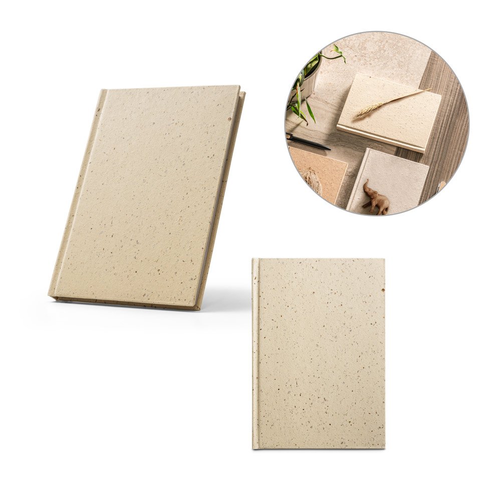 BARLEYPAD. Caderno A5 com resíduos da cevada (25%) e trapos de algodão reciclado (75%) com folhas pautadas, com 160 páginas pautadas recicladas